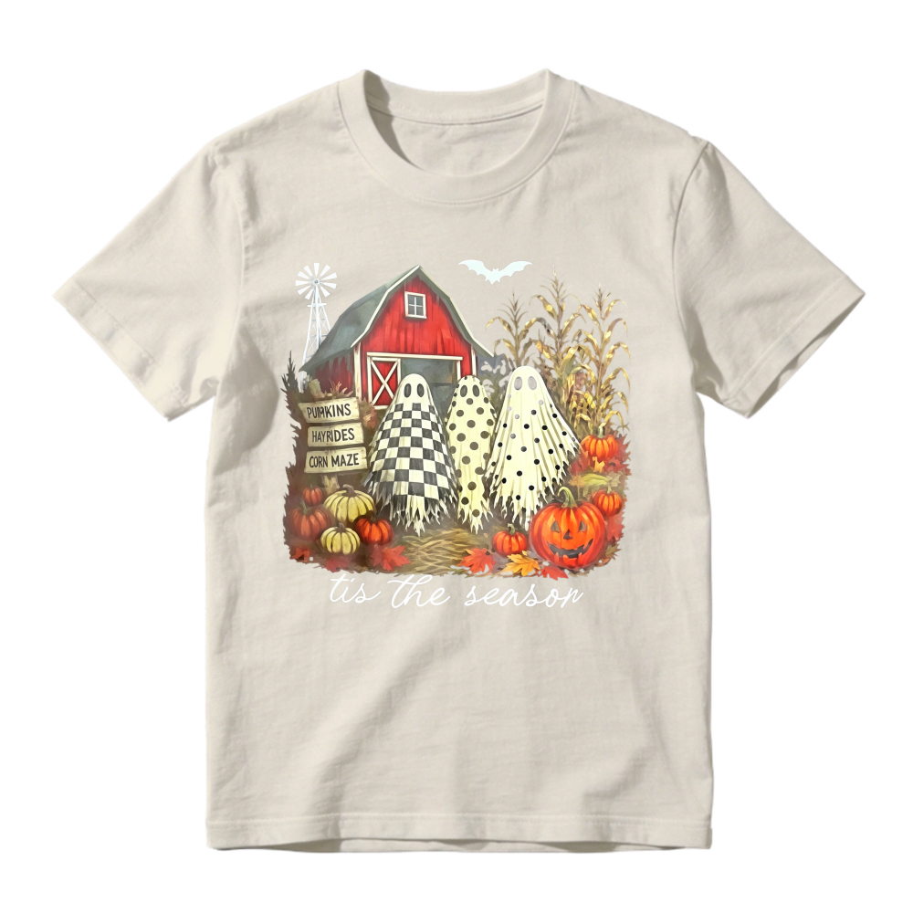 Halloween Farm Scene With Ghosts Pumpkins And Red Barn Tis The Season Unisex Classic T-shirt