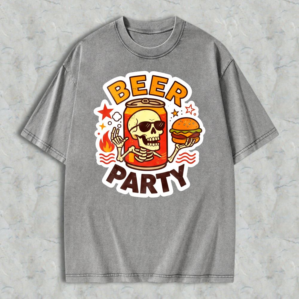 Beer Party Skull And Burger Graphic Washed T-shirt
