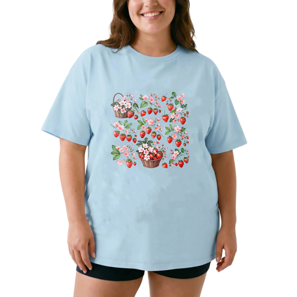 Strawberries Flowers Baskets Spring Design Pattern Print Art tshirt 100% cotton