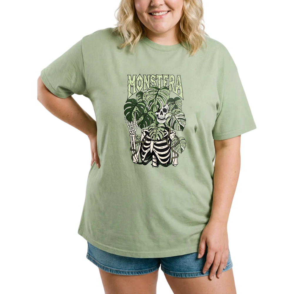Skeleton Holding Monstera Leaves tshirt 100% cotton