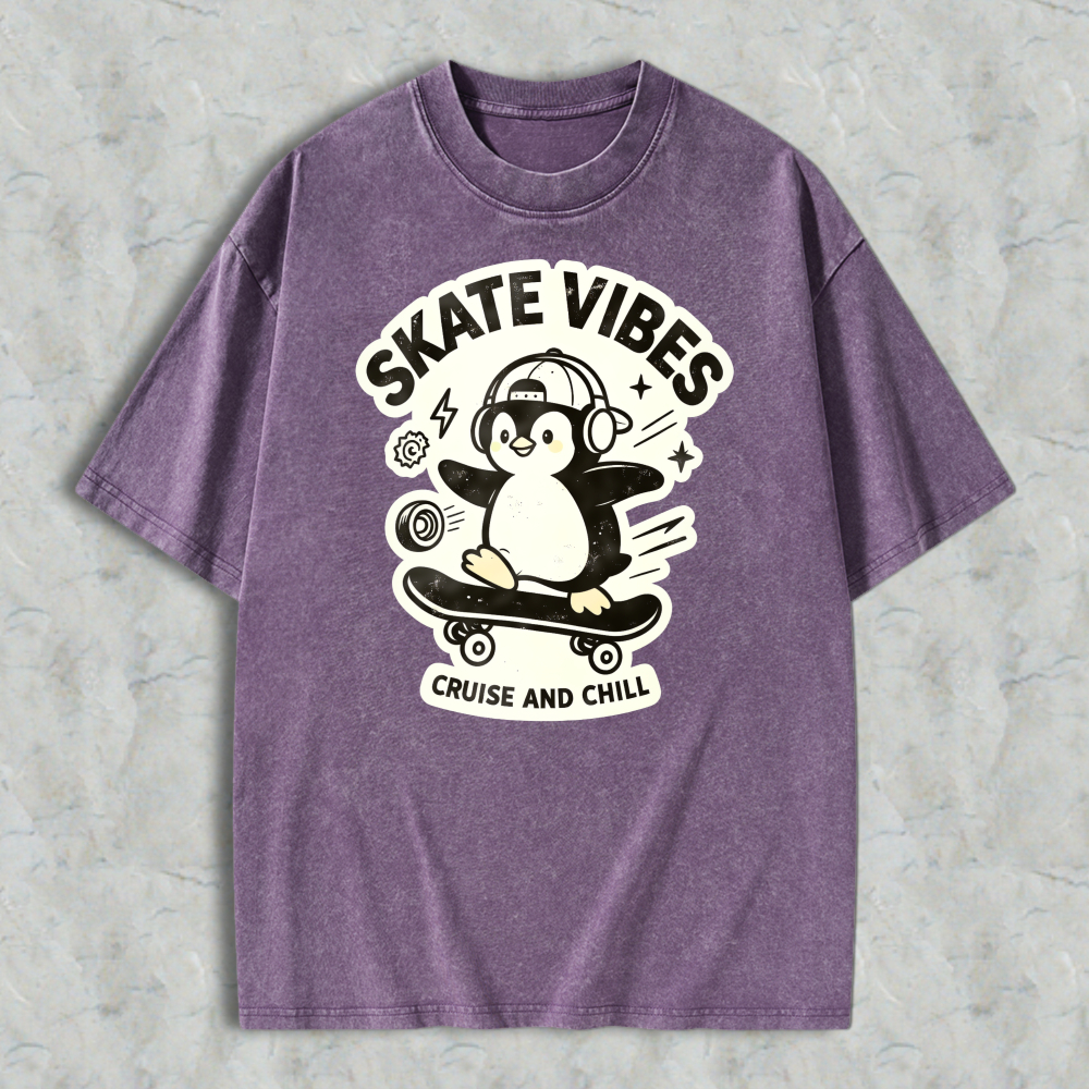 Skate Vibes Penguin On Skateboard Cruise And Chill Graphic Washed T-shirt