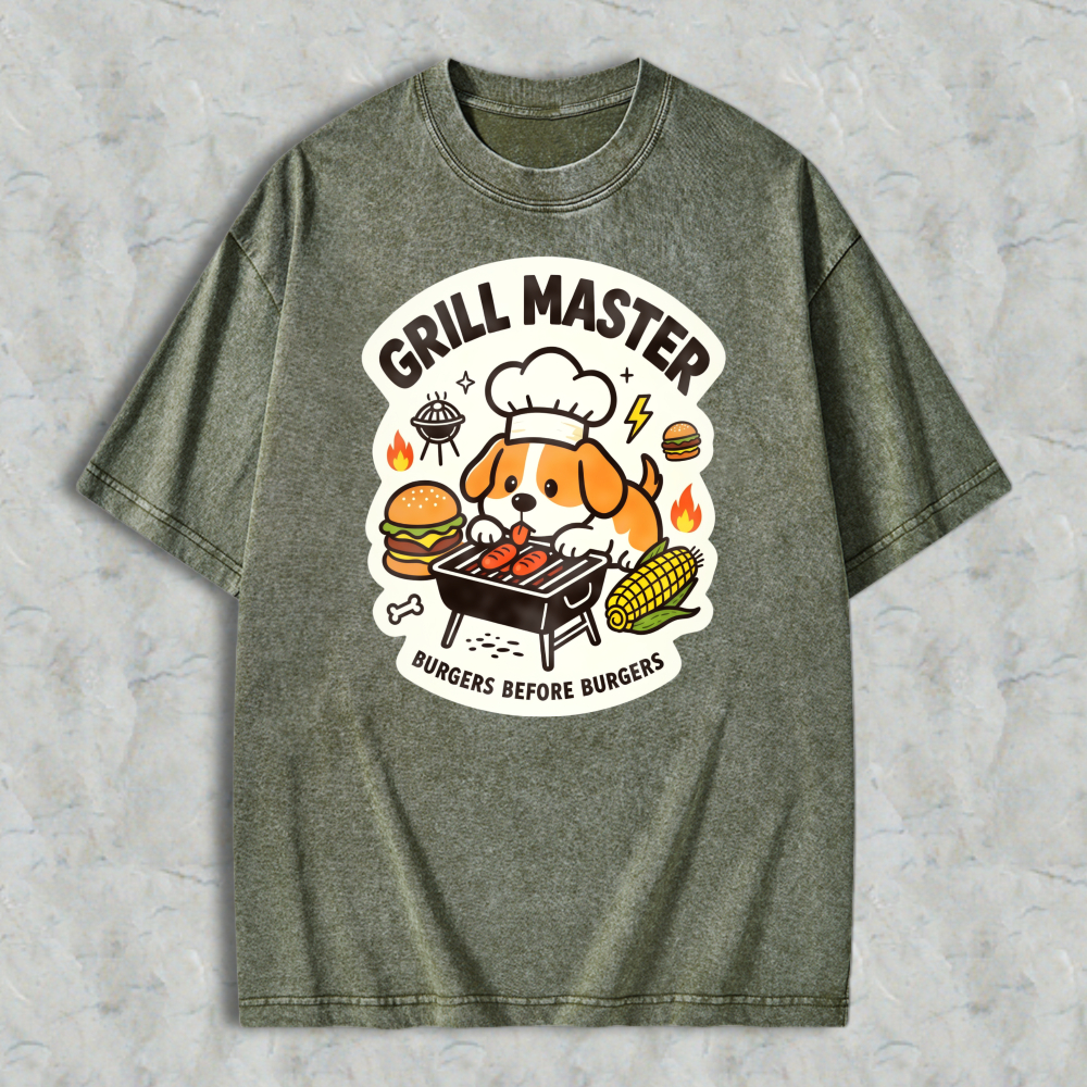 Grill Master Dog With Burger And Corn Washed T-shirt