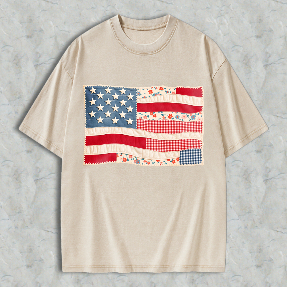 American Flag Patchwork Design Unisex Washed T-shirt