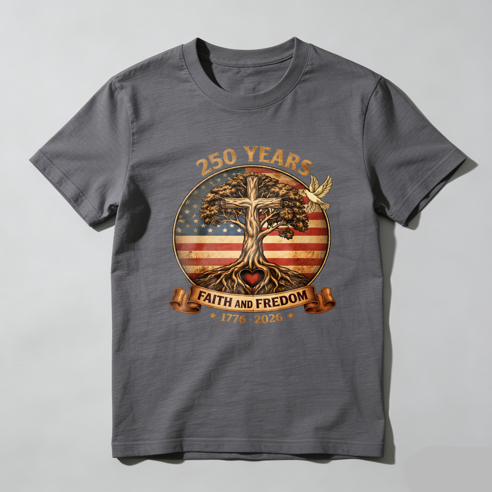 250 Years Faith And Freedom American Flag Tree Eagle 1776 2026 Independence Day T Shirt