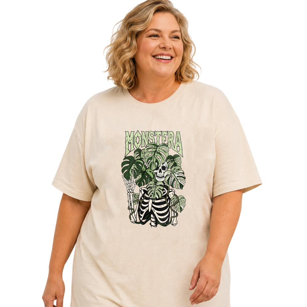 Skeleton Holding Monstera Leaves tshirt 100% cotton