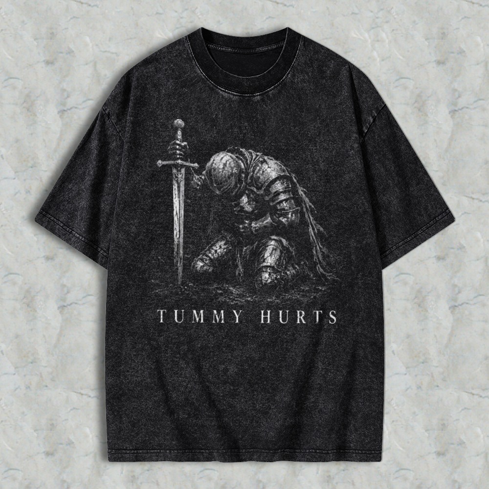 Knight With Sword And Tummy Hurts Text Washed T-shirt