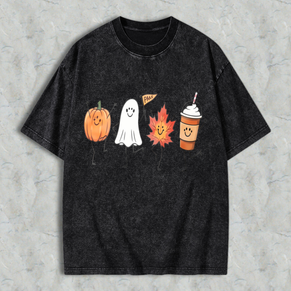 Cute Halloween Pumpkin Ghost Maple Leaf And Coffee Washed T-shirt