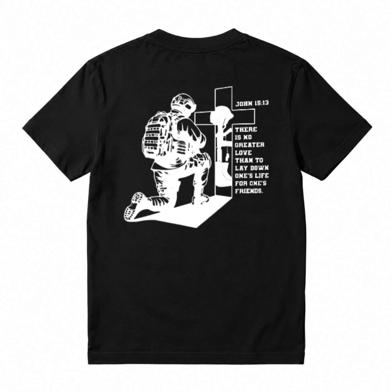 Soldier Kneeling At Cross With Bible Verse John 15:13 Unisex Classic T-shirt