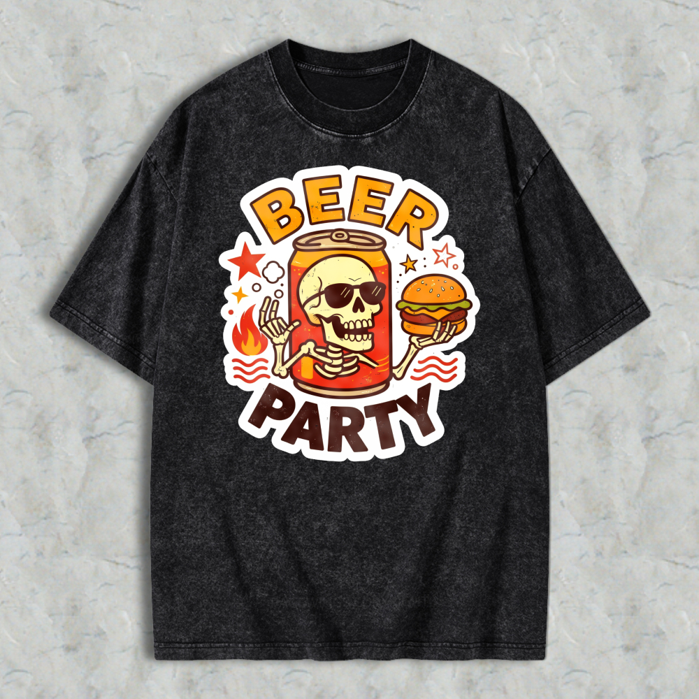 Beer Party Skull And Burger Graphic Washed T-shirt