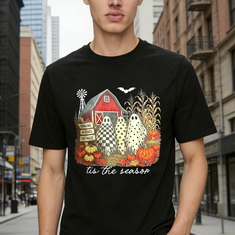 Halloween Farm Scene With Ghosts Pumpkins And Red Barn Tis The Season Unisex Classic T-shirt