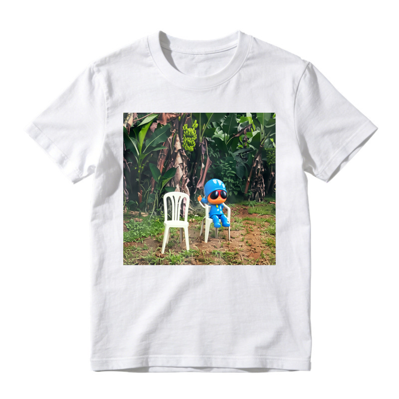 Blue Cartoon Character Sitting On White Chair In Tropical Jungle Unisex Classic T Shirt