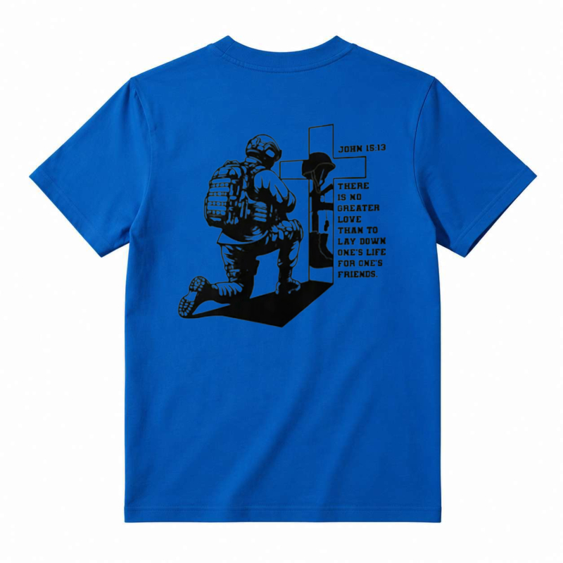 Soldier Kneeling At Cross With Bible Verse John 15:13 Unisex Classic T-shirt
