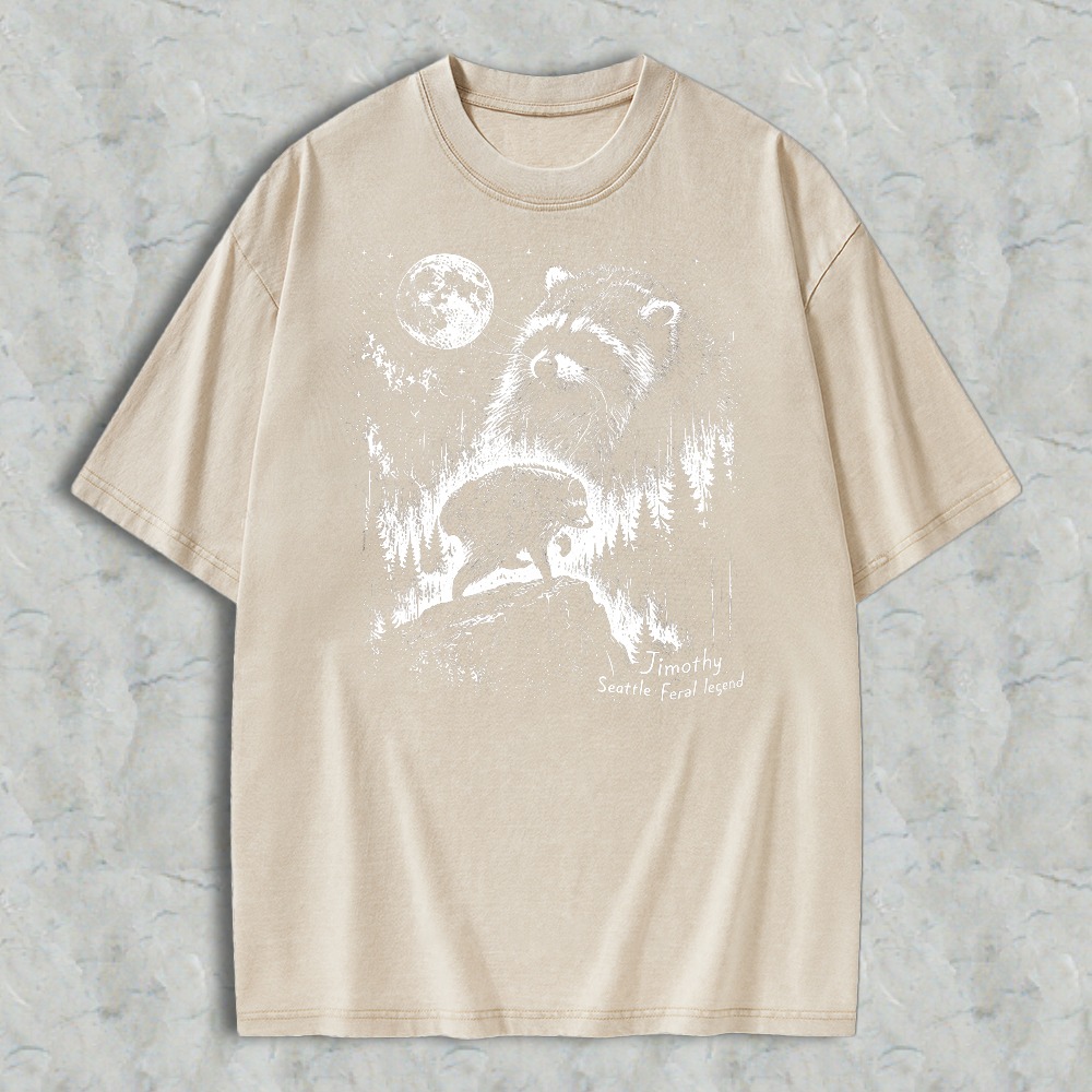 Raccoon Under Moonlight Forest Scene Washed T-shirt