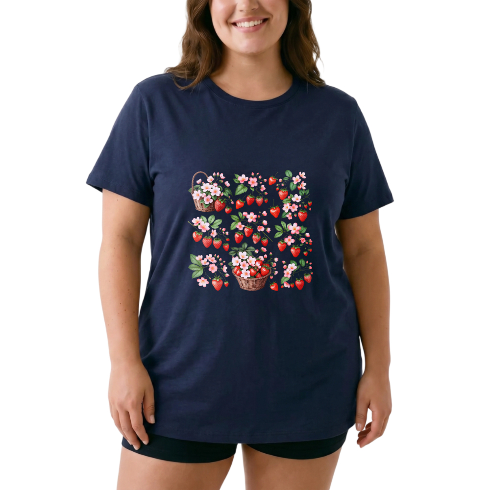 Strawberries Flowers Baskets Spring Design Pattern Print Art tshirt 100% cotton