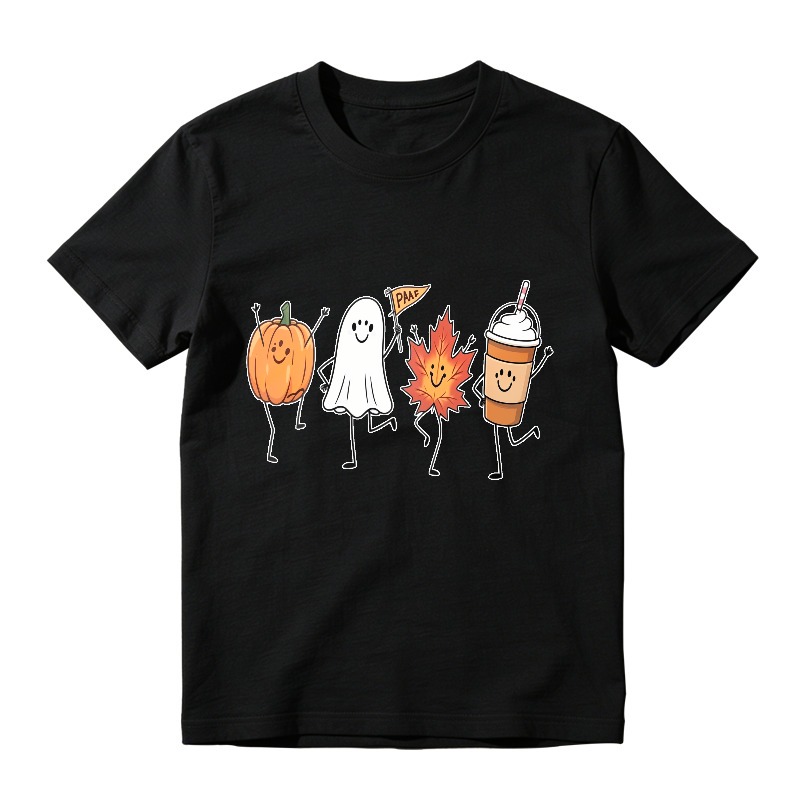 Cute Halloween Pumpkin Ghost Maple Leaf And Coffee Cup Dancing Characters Unisex Classic T-shirt