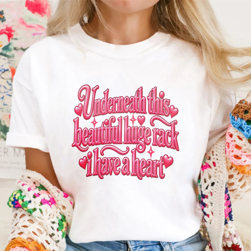 Unisex Retro Pink Heart Decorated Quote Graphic Casual Short Sleeve T-Shirt