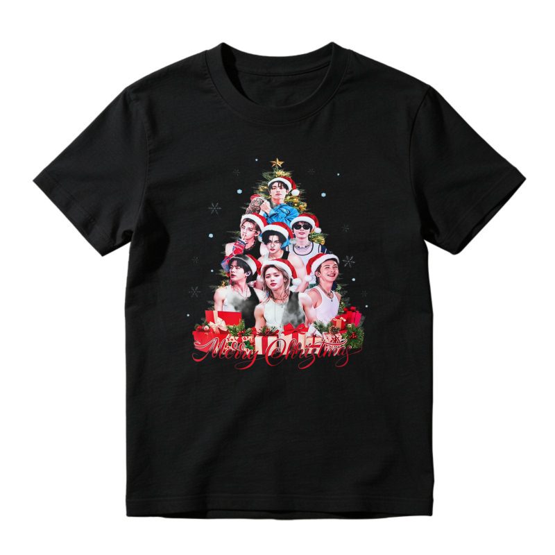Merry Christmas Holiday Graphic Tee, Xmas Tree Print T-shirt