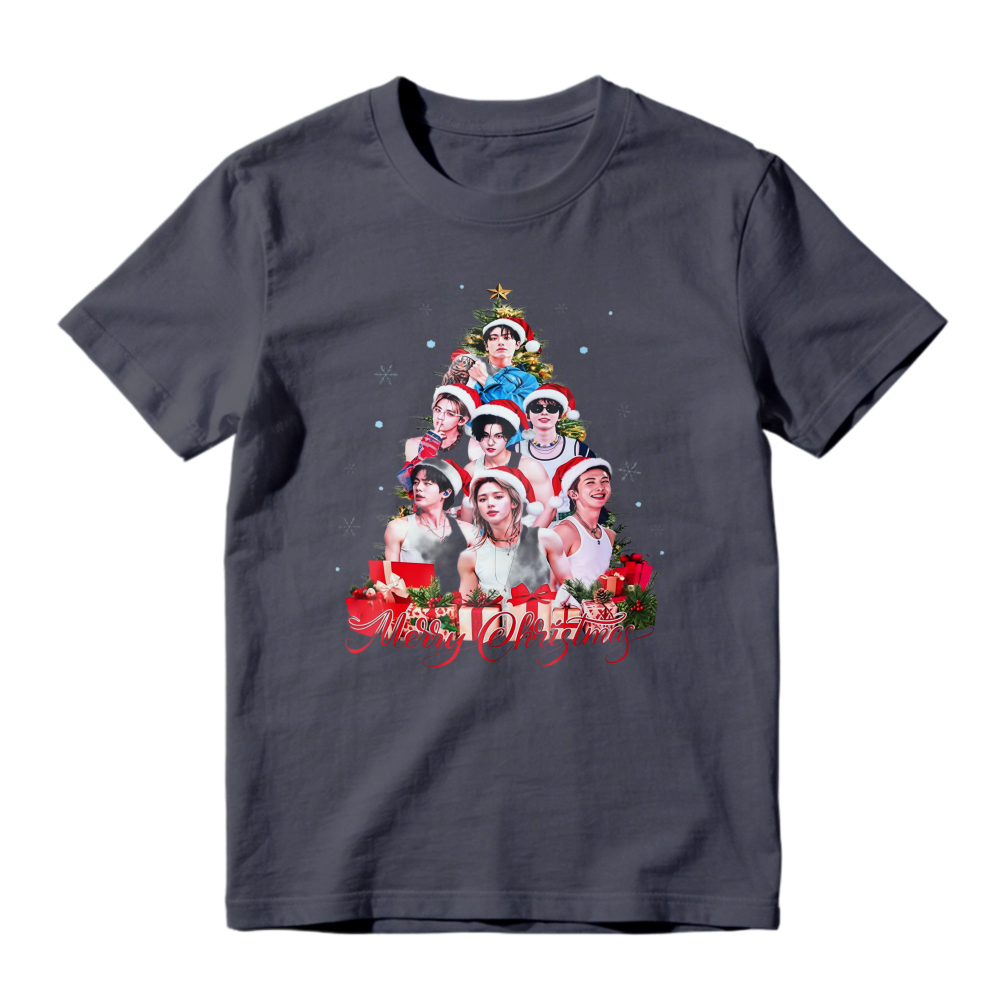 Merry Christmas Holiday Graphic Tee, Xmas Tree Print T-shirt