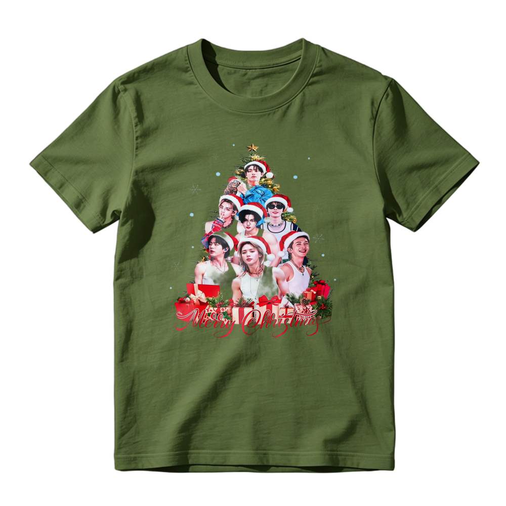 Merry Christmas Holiday Graphic Tee, Xmas Tree Print T-shirt