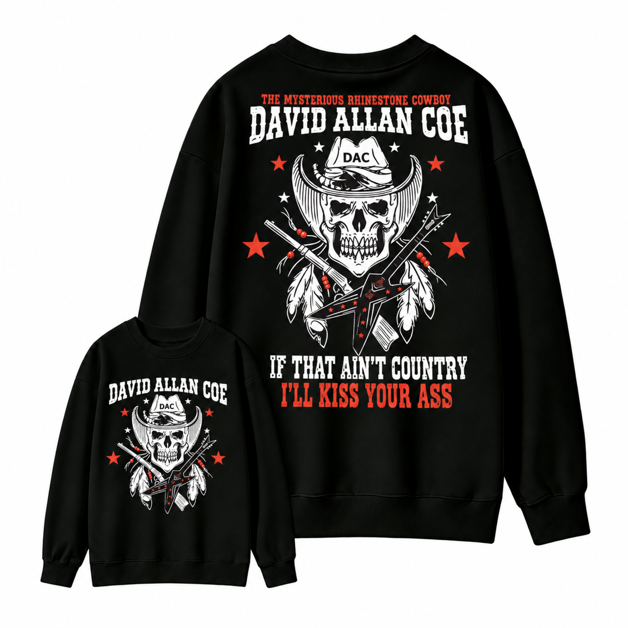 Rh1nestone Cowboy Skull Guitar Graphic Sweatshirt, Vintage Country Music Western Back Print Sweatshirt For Men