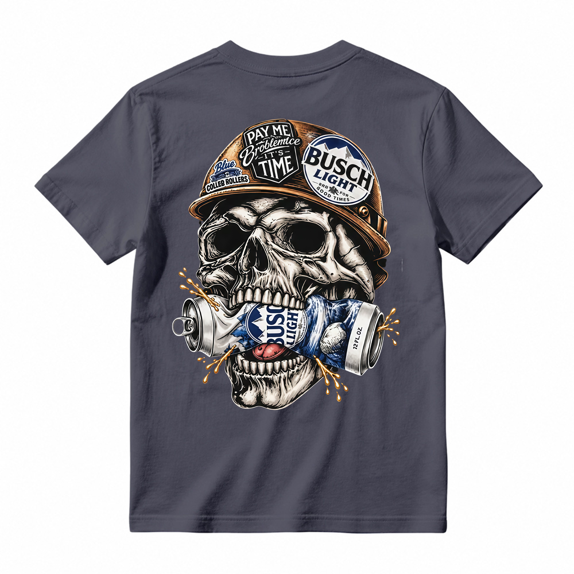 Hard Hat Skull Crushing Beer Can Graphic T-Shirt, Blue Collar Worker Vintage Back Print Tee For Men