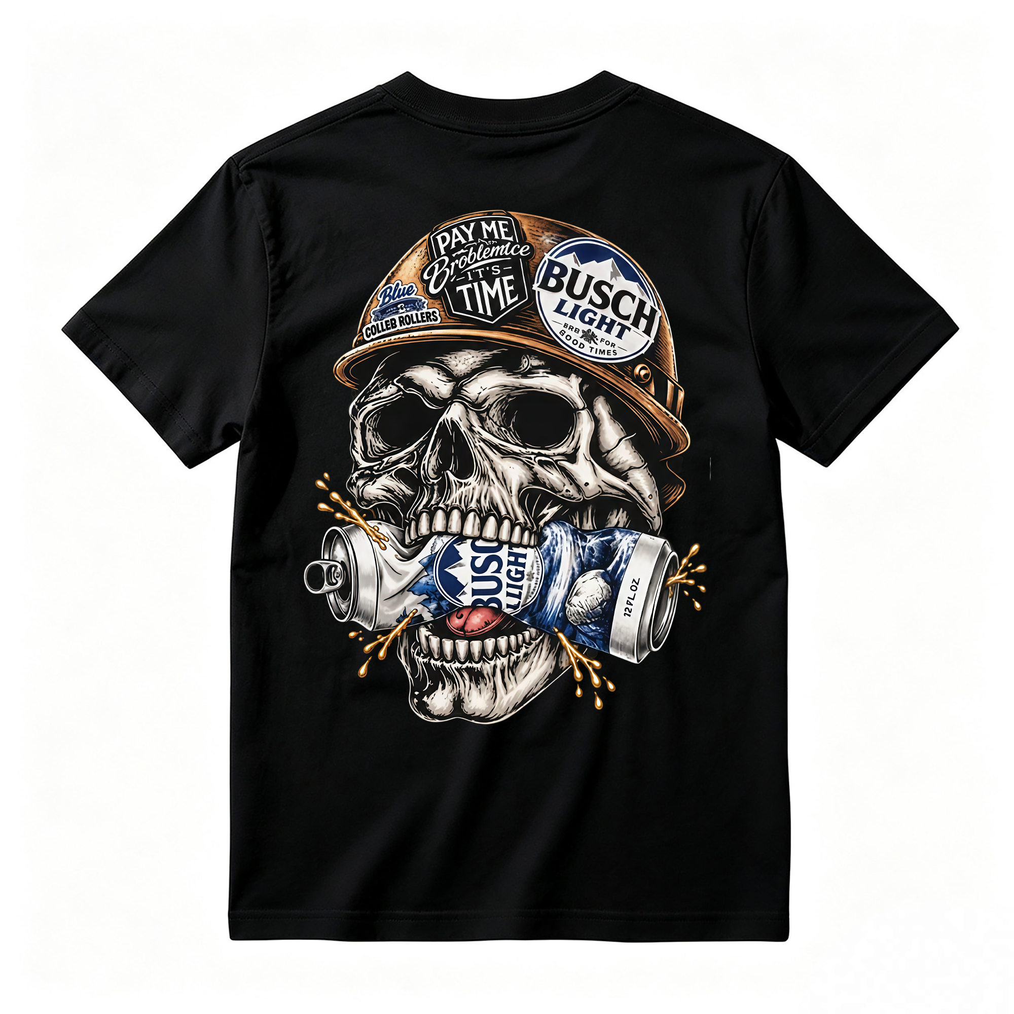 Hard Hat Skull Crushing Beer Can Graphic T-Shirt, Blue Collar Worker Vintage Back Print Tee For Men