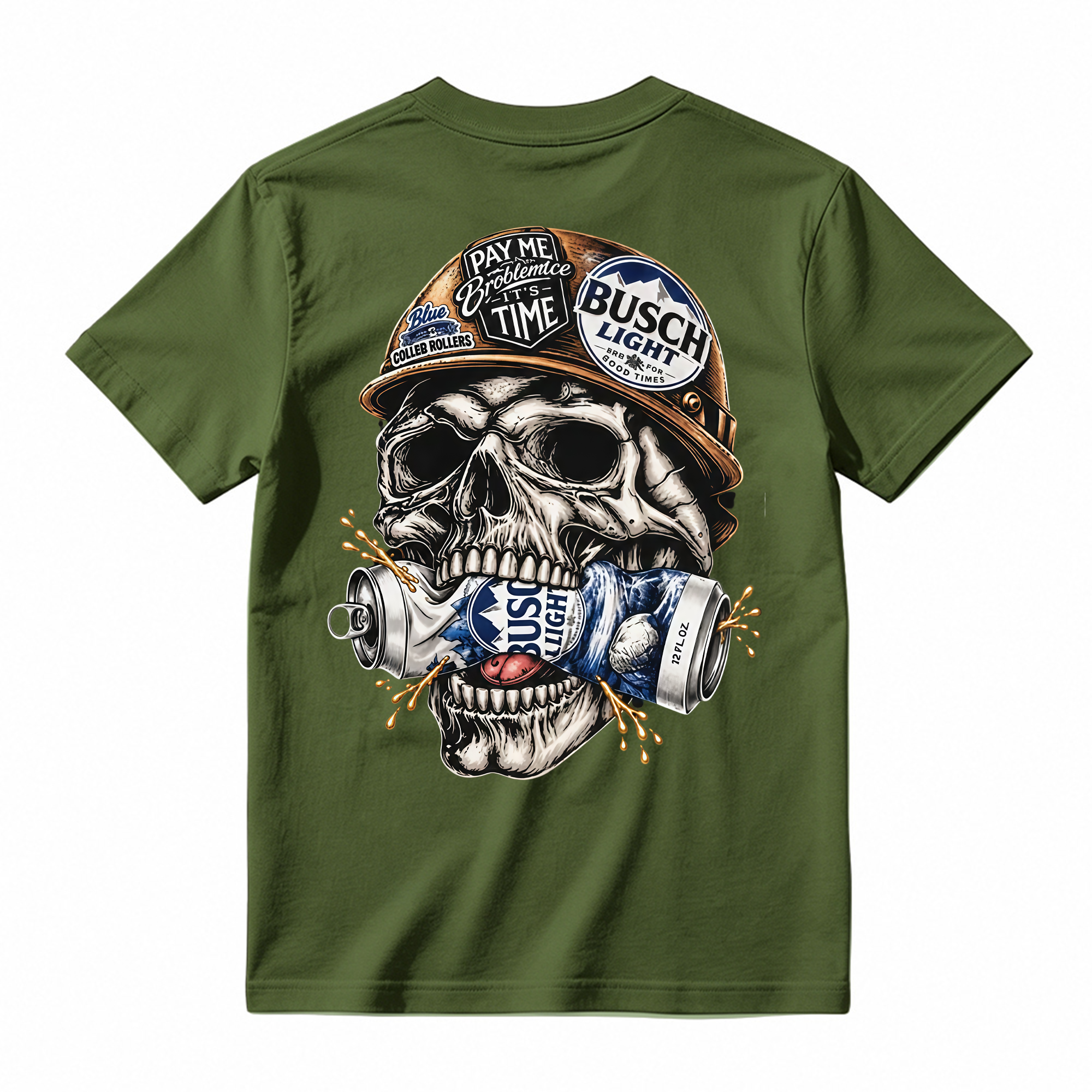 Hard Hat Skull Crushing Beer Can Graphic T-Shirt, Blue Collar Worker Vintage Back Print Tee For Men
