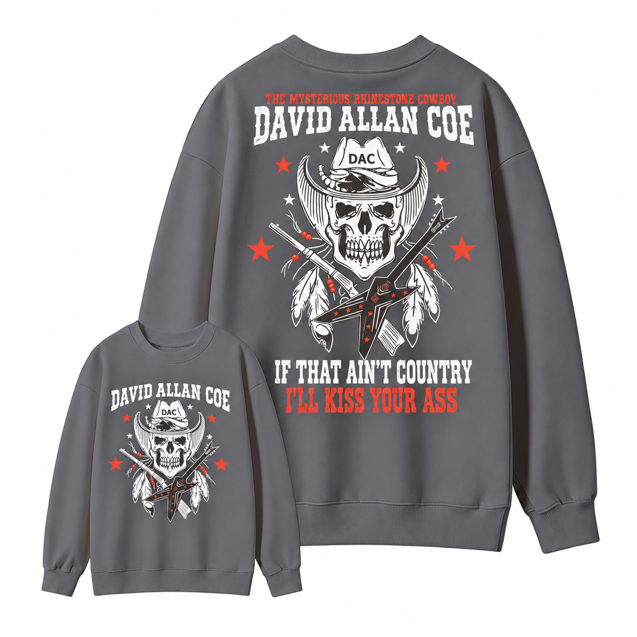 Rh1nestone Cowboy Skull Guitar Graphic Sweatshirt, Vintage Country Music Western Back Print Sweatshirt For Men