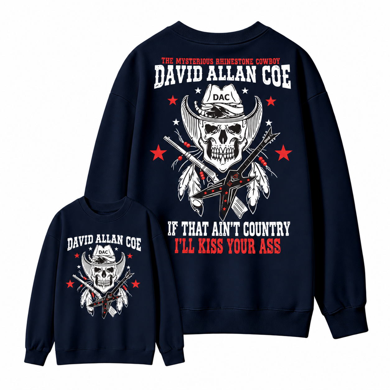 Rh1nestone Cowboy Skull Guitar Graphic Sweatshirt, Vintage Country Music Western Back Print Sweatshirt For Men