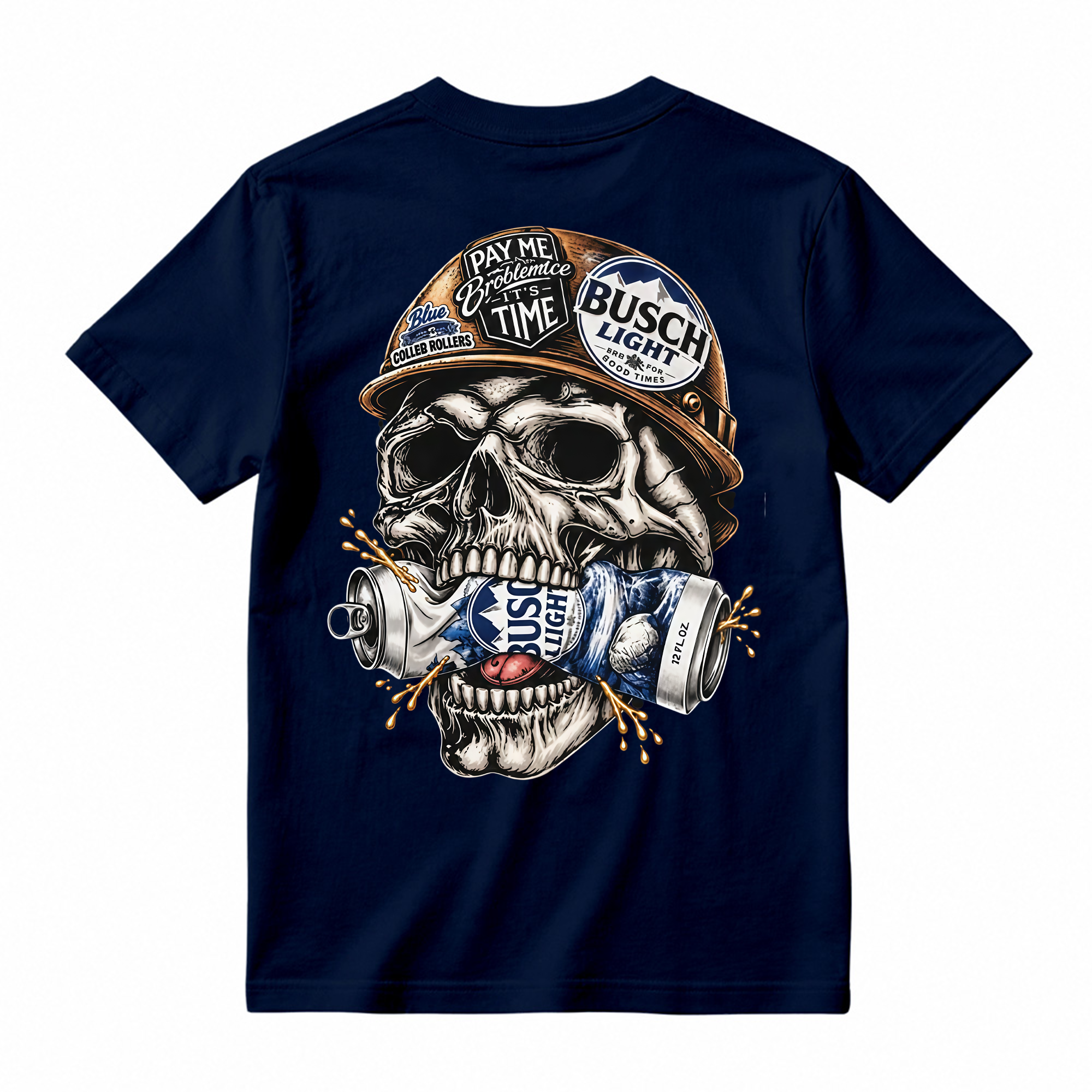 Hard Hat Skull Crushing Beer Can Graphic T-Shirt, Blue Collar Worker Vintage Back Print Tee For Men