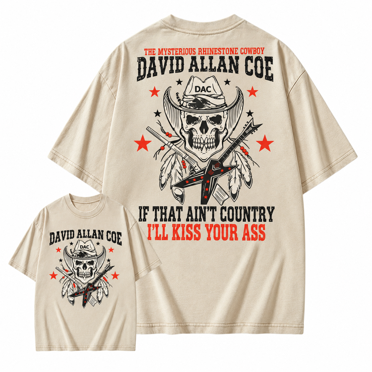 Rh1nestone Cowboy Skull Guitar Graphic Washed Shirt, Vintage Country Music Western Back Print Washed Shirt For Men
