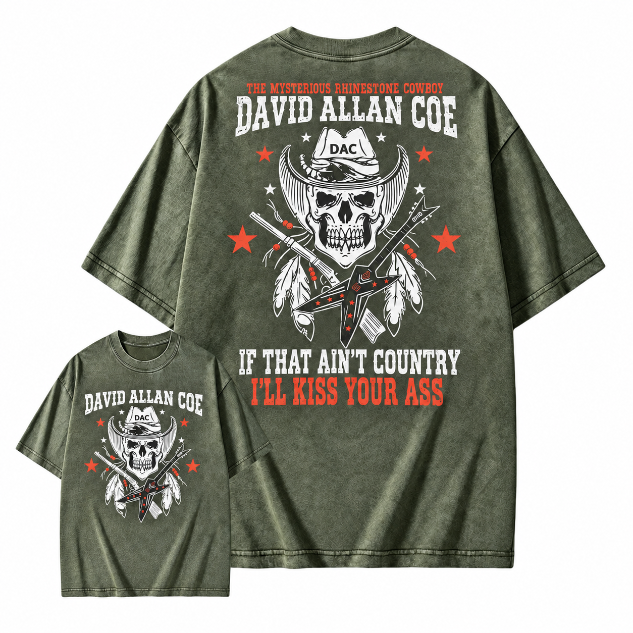 Rh1nestone Cowboy Skull Guitar Graphic Washed Shirt, Vintage Country Music Western Back Print Washed Shirt For Men