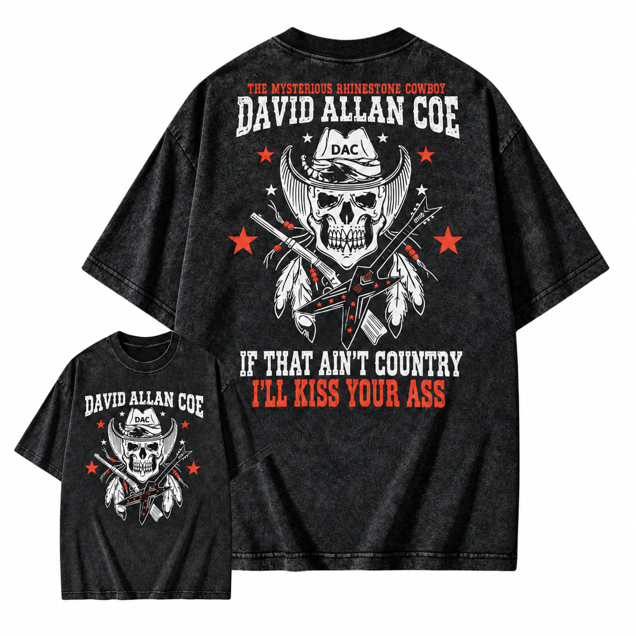 Rh1nestone Cowboy Skull Guitar Graphic Washed Shirt, Vintage Country Music Western Back Print Washed Shirt For Men