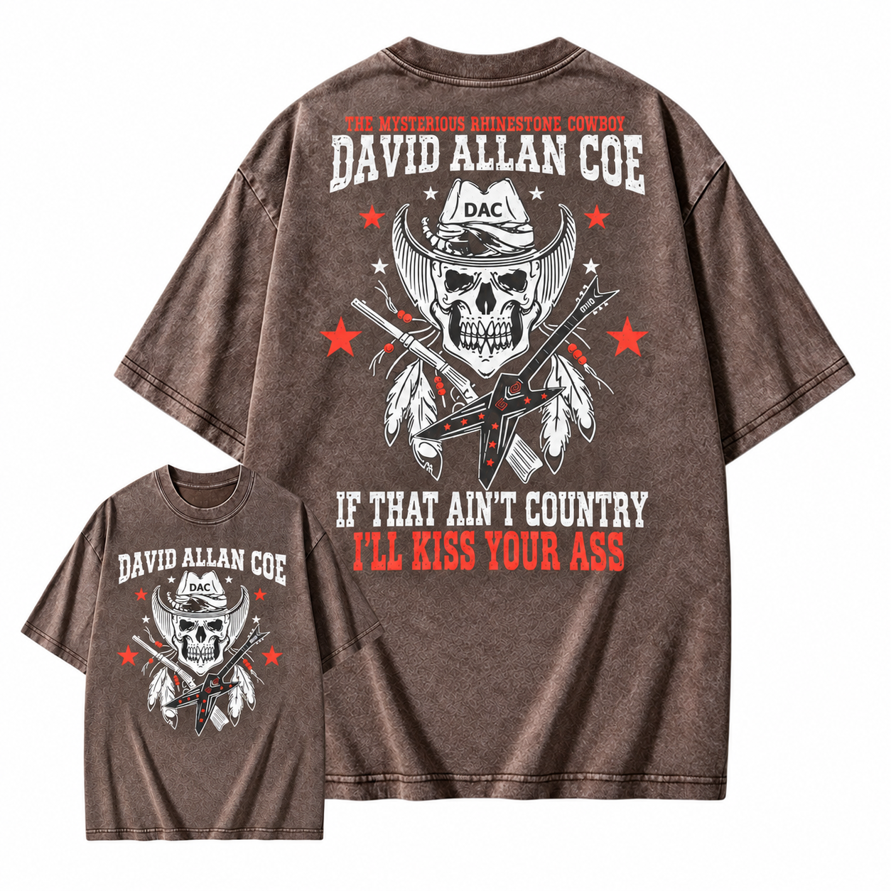 Rh1nestone Cowboy Skull Guitar Graphic Washed Shirt, Vintage Country Music Western Back Print Washed Shirt For Men