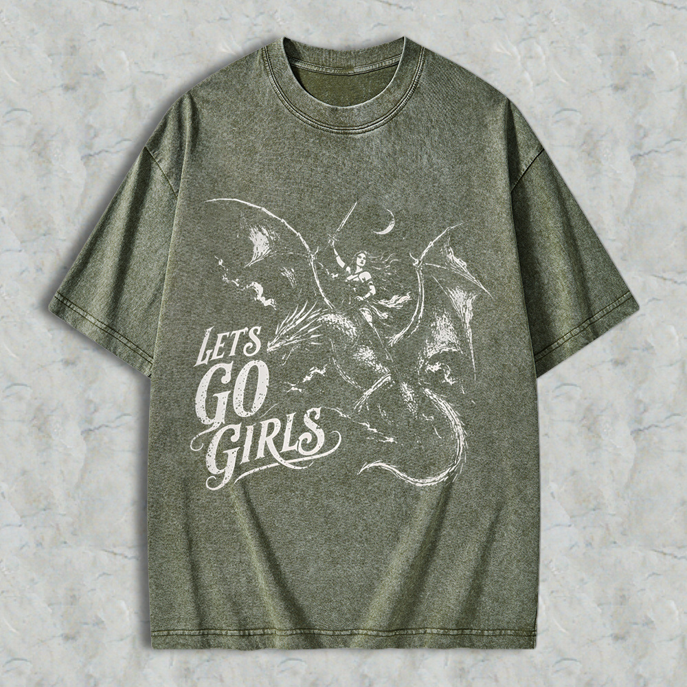 Lets Go Girls Dragon Rider Warrior Woman Fantasy Feminist Women Washed T-shirt