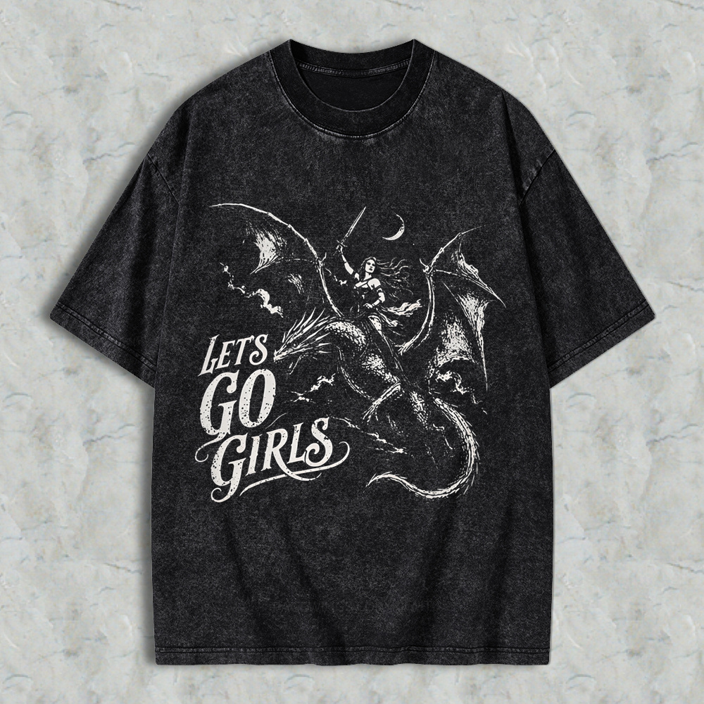 Lets Go Girls Dragon Rider Warrior Woman Fantasy Feminist Women Washed T-shirt