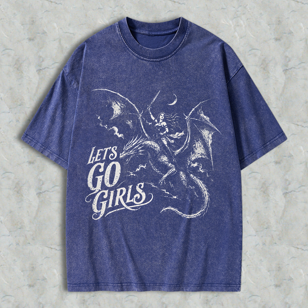 Lets Go Girls Dragon Rider Warrior Woman Fantasy Feminist Women Washed T-shirt