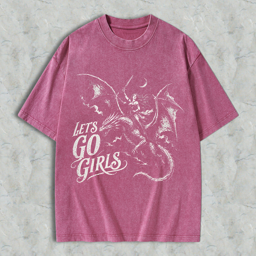 Lets Go Girls Dragon Rider Warrior Woman Fantasy Feminist Women Washed T-shirt