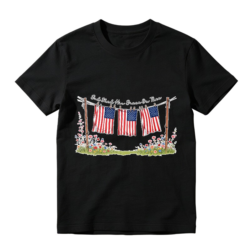 American Flags On Clothesline With Flowers T-shirt