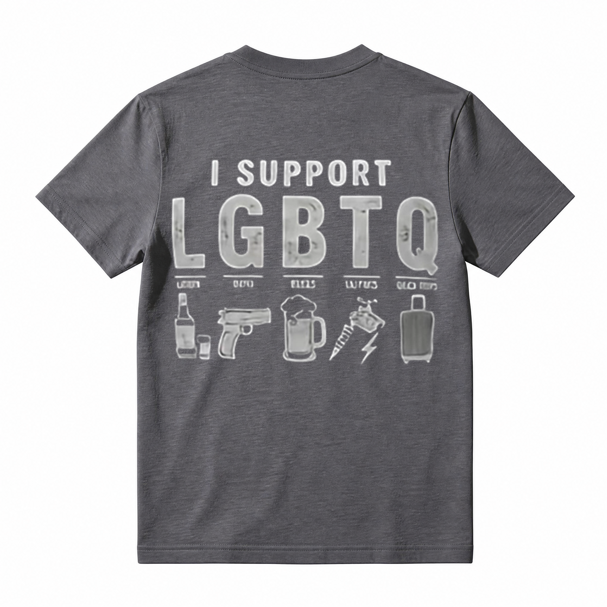 Funny Parody Graphic Tee, I Support LGBTQ Liquor Guns Beer Sarcastic Humor T-Shirt