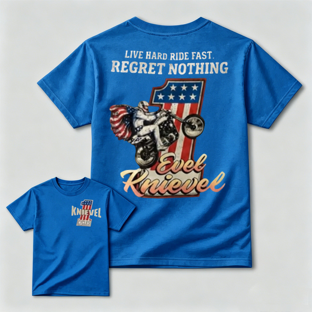Vintage Evel Knievel Motorcycle Graphic T-Shirt – Retro American Flag Biker Cotton Tee