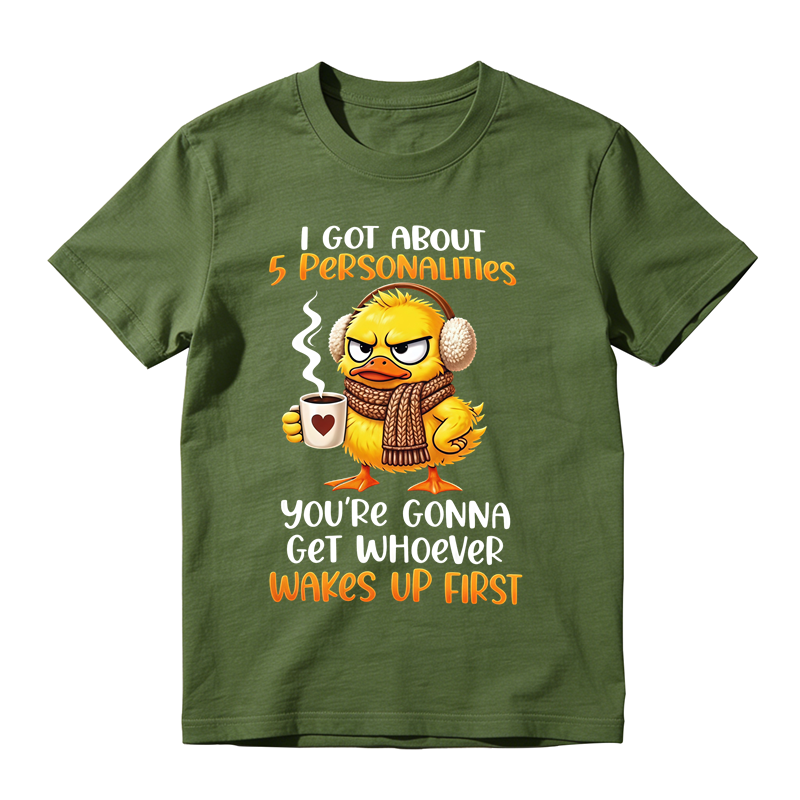Grumpy Winter Duck With Coffee Mug Graphic T-Shirt, Funny Cold Weather Personalities Quote Tee
