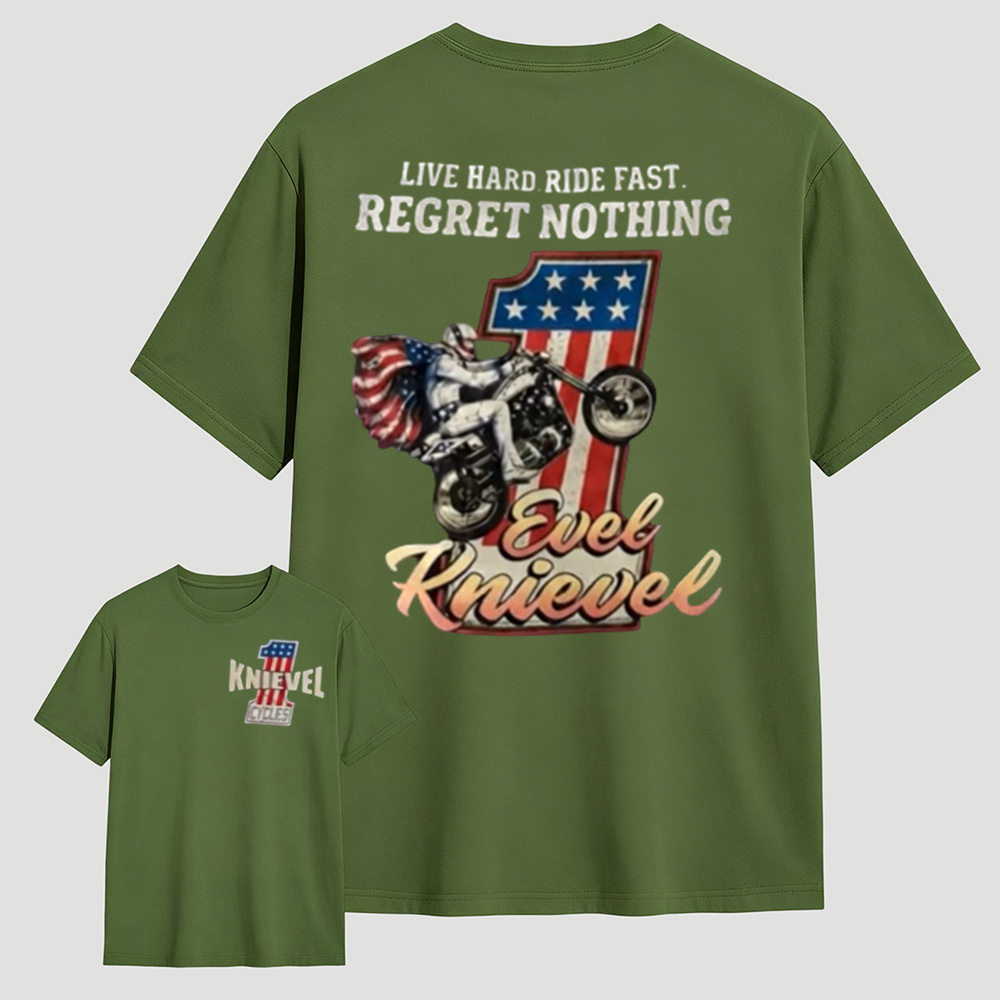 Vintage Evel Knievel Motorcycle Graphic T-Shirt – Retro American Flag Biker Cotton Tee