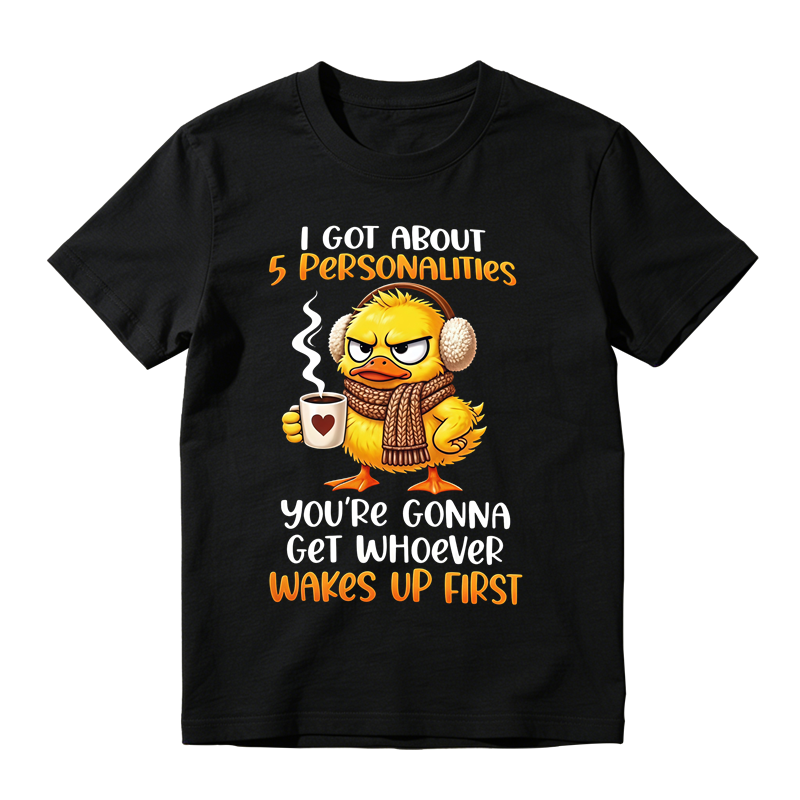 Grumpy Winter Duck With Coffee Mug Graphic T-Shirt, Funny Cold Weather Personalities Quote Tee