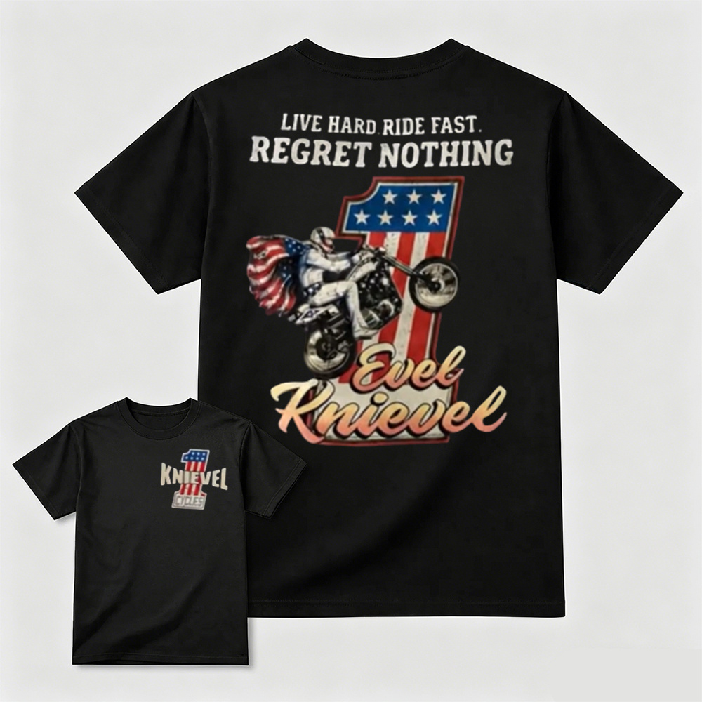 Vintage Evel Knievel Motorcycle Graphic T-Shirt – Retro American Flag Biker Cotton Tee