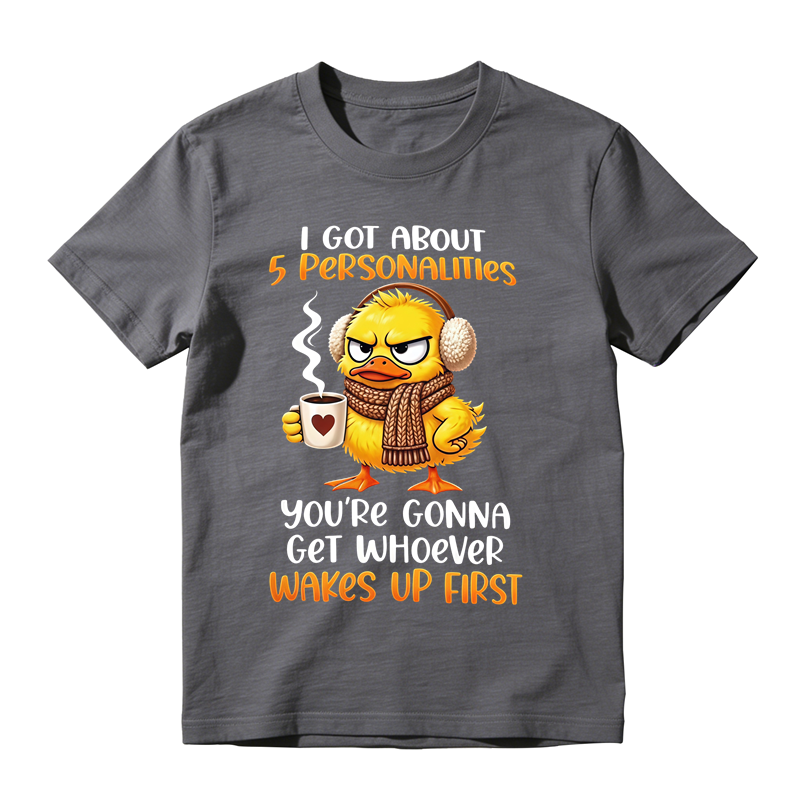 Grumpy Winter Duck With Coffee Mug Graphic T-Shirt, Funny Cold Weather Personalities Quote Tee