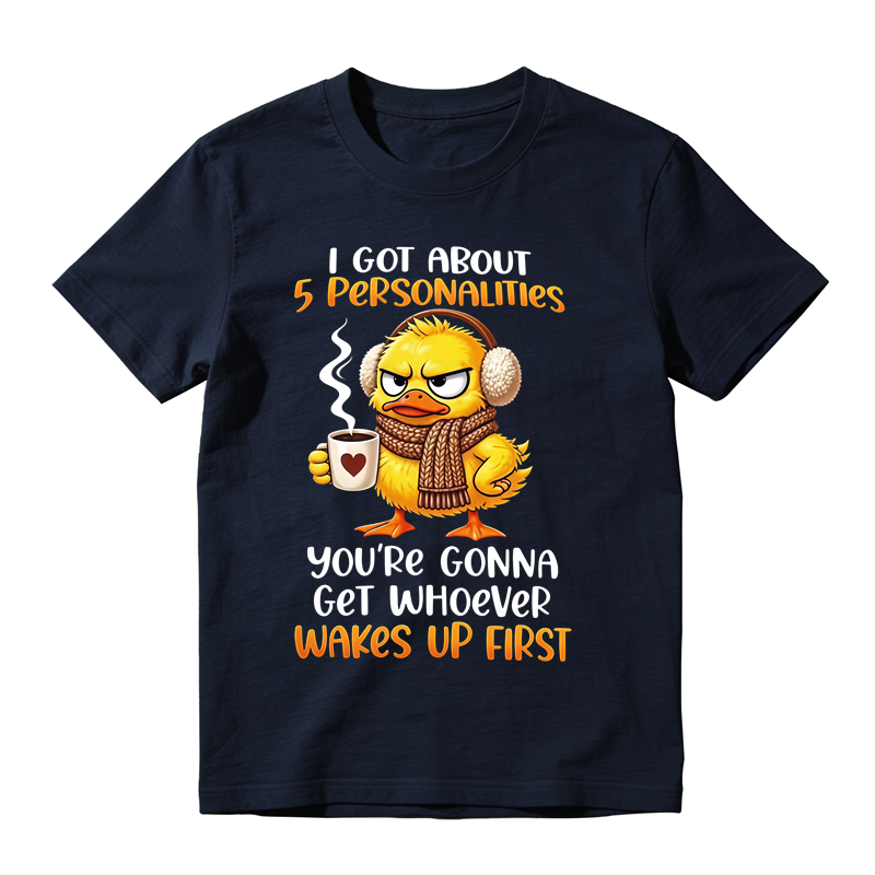 Grumpy Winter Duck With Coffee Mug Graphic T-Shirt, Funny Cold Weather Personalities Quote Tee