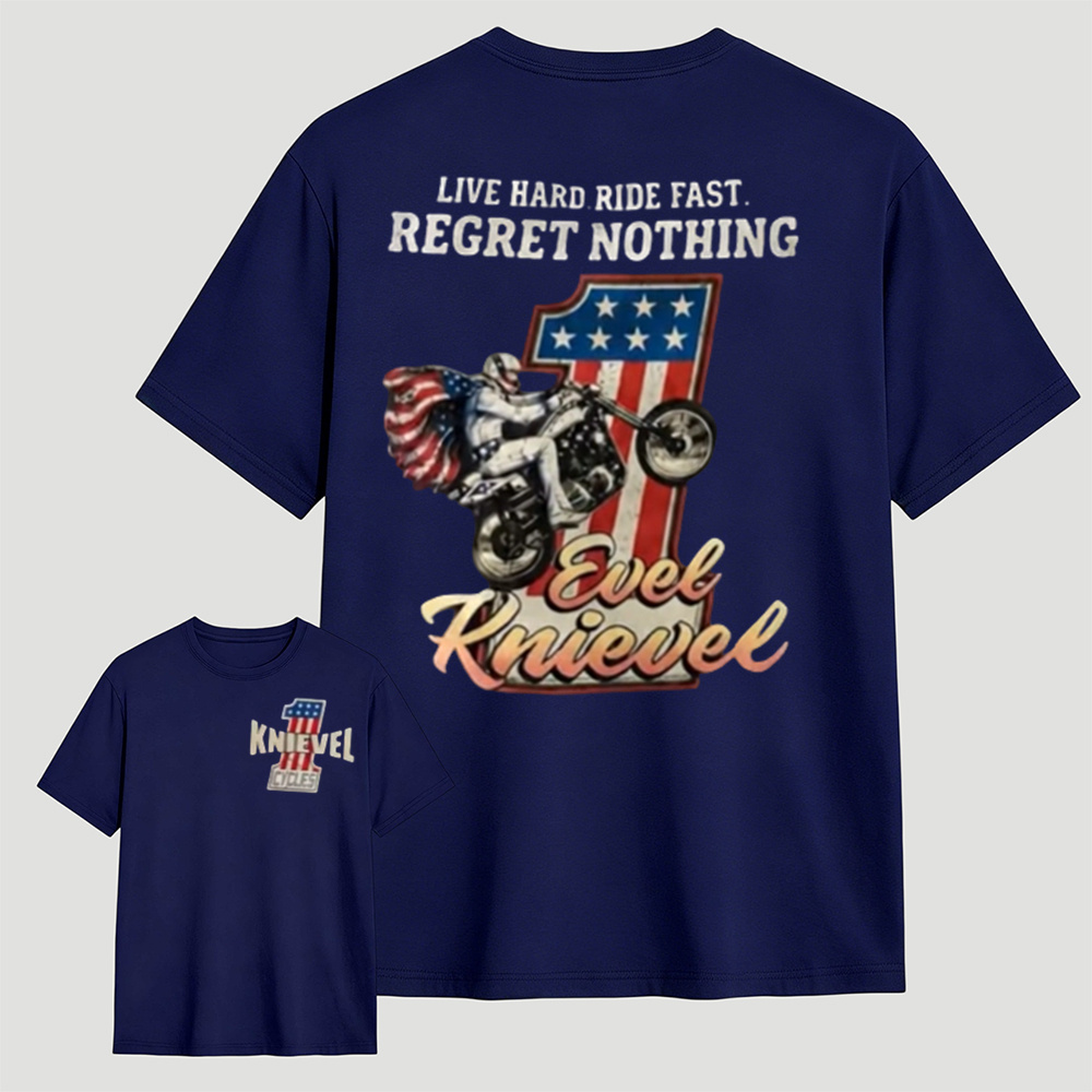 Vintage Evel Knievel Motorcycle Graphic T-Shirt – Retro American Flag Biker Cotton Tee