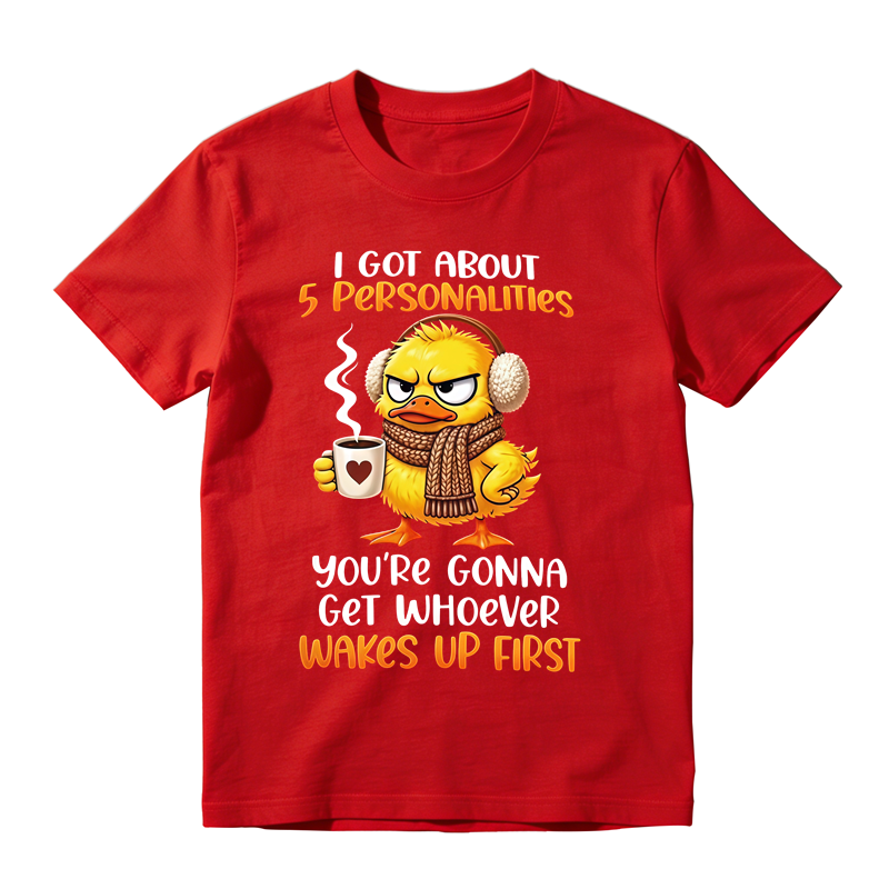 Grumpy Winter Duck With Coffee Mug Graphic T-Shirt, Funny Cold Weather Personalities Quote Tee