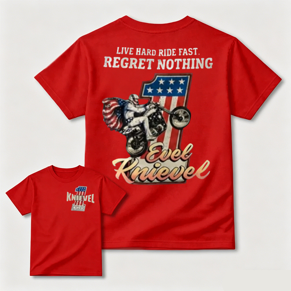 Vintage Evel Knievel Motorcycle Graphic T-Shirt – Retro American Flag Biker Cotton Tee